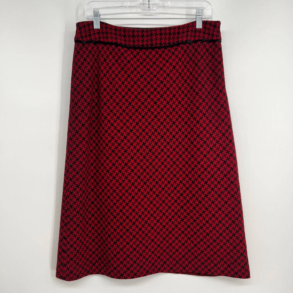 Ann Taylor LOFT A Line Midi Skirt Wool Blend Houndstooth 10 Red Black Tweed